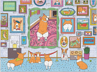 A completed jigsaw puzzle showing illustrated corgis in various portraits hanging on a wall, while corgi characters view the art in a gallery setting.