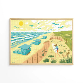 Illustration of a beach scene with lifeguard towers, waves, flying birds, and a person carrying a surfboard along a sandy path.