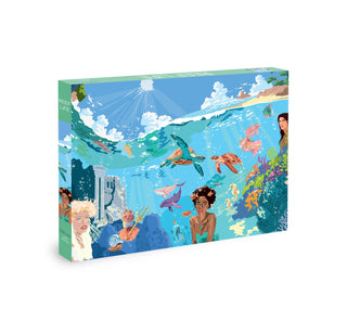 Olleo Puzzles’ “Reef Life” is a 1,000 piece jigsaw puzzle featuring a vibrant underwater scene with sea creatures, corals, and swimmers illuminated by sunlight.