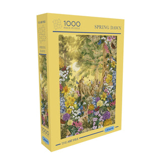 The Art File: Spring Dawn is a 1,000-piece jigsaw puzzle by Gibsons Games, featuring vibrant spring landscape artwork with flowers, trees, and lively wildlife.