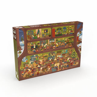 Enjoy assembling the Penny Puzzle Christmas Workshop, a 1,000-piece jigsaw puzzle featuring a vibrant illustration of elves working and celebrating inside a festive, multi-level treehouse workshop decorated for the holidays.