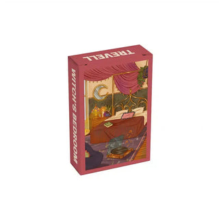 Trevell’s Witch's Bedroom | 99 Piece Jigsaw Puzzle features a cozy bedroom scene with draped curtains, crescent moon wall decor, and a record player—perfect for fans of modern witchy decor.