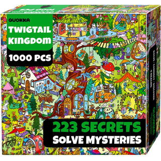 The QUOKKA Twigtail Kingdom 1,000 piece jigsaw puzzle features a colorful, whimsical scene with animals and includes 223 hidden secrets and mysteries to solve, making it a fun challenge for adults.