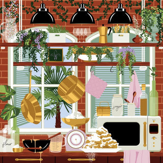 Cuisine De Nouvelle-Orleans by Pieces & Peace is a 1,000 piece jigsaw puzzle featuring Vero Illustrates' cozy kitchen with potted plants, gold pans, baking tools, jars, stacked cookies, and a window view—perfect for puzzle lovers.