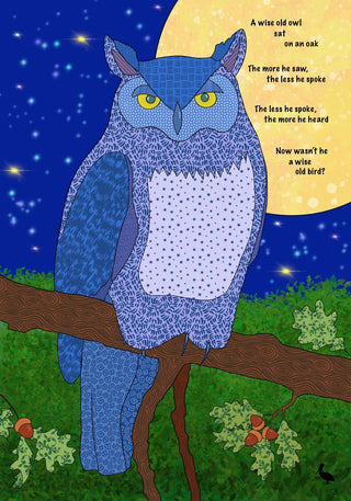 Wise Owl | 500 Piece Jigsaw Puzzle by Mimsybird Puzzles features original blue owl artwork perched at night beneath a full moon, with a poem about wisdom—making it the perfect thoughtful and challenging puzzle.