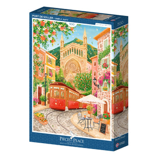 The Port De Soller | 500 Piece Jigsaw Puzzle by Pieces & Peace features an illustrated French-made scene by Simply Katy, showcasing trams, a cathedral, vibrant buildings, orange trees, and a charming outdoor café.