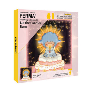 PERMA Puzzle’s “Let the Candle Burn” is a 321-piece jigsaw puzzle featuring a cartoon blue sheep with a candle on a cake. Crafted with durable Dutch blue-core chipboard for vivid colors and lasting quality.