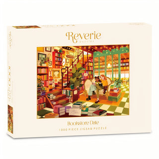 The Bookstore Date | 1,000 Piece Jigsaw Puzzle by Reverie Puzzles features an illustration of a queer couple reading together on a sofa inside a cozy shop.