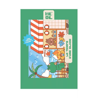 Cartoon animals stand outside an ice cream shop with a red-and-white striped awning, palm tree, and blue sky. Text: “LE TEMPS D’UNE GLACE.” Le Temps d’une Glace | 99 Piece Jigsaw Puzzle by Heol Editions. Made in France.