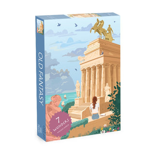 The Old Fantasy | 1,000 Piece Jigsaw Puzzle by Olleo Puzzles features an illustrated ancient temple like the Mausoleum at Halicarnassus, with statues, a seated woman sketching, and a coastal landscape in the background.