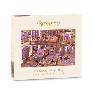 A box of Halloween House Party | 1,500 Piece Jigsaw Puzzle by Reverie Puzzles, showcasing a vibrant illustrated Halloween-themed room filled with festive decorations, spooky characters, and playful skeleton elements—an ideal choice for fans of seasonal board games.