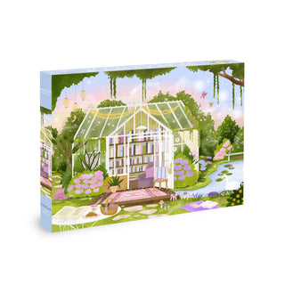 The Olleo Puzzles Wonder Nook is a 500 piece jigsaw puzzle featuring an illustrated greenhouse, vibrant gardens, and a scenic pond—ideal for floral puzzle fans.
