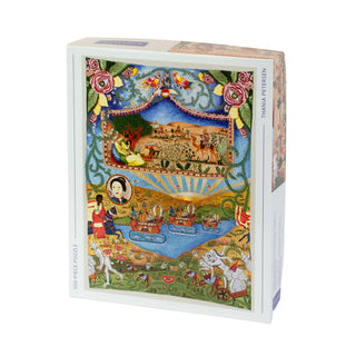 The Drowned Bodies Never Die 500-piece jigsaw puzzle by Kinstler Puzzles features Thania Petersen’s colorful folk art with people, animals, flowers, and water scenes. The artist’s name appears on the side of the box.