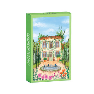 Colors of Tuscany | 99 Piece Jigsaw Puzzle by Olleo Puzzles features a Tuscany landscape with a Tuscan house, green shutters, climbing vines, garden, and central fountain.