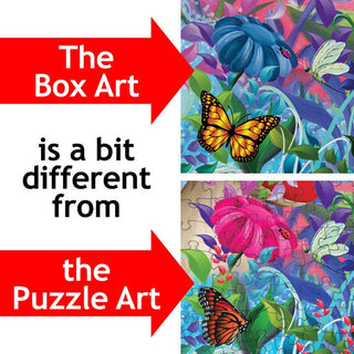Side-by-side comparison of box art and PuzzleTwist’s Curious Tea Party | 1000 Piece Jigsaw Puzzle art highlights differences in flower and butterfly colors, with text pointing out the variations.