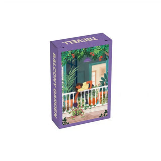 A purple box labeled Balcony Garden | 99 Piece Jigsaw Puzzle by Trevell shows a person watering plants on a balcony—ideal for illustrated puzzle fans.
