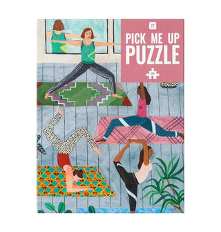 Illustration of four women doing yoga poses on colorful mats in a bright room, featured on the Talking Tables Yoga | 500 Piece Jigsaw Puzzle—a perfect gift or unique wall art for yoga enthusiasts.