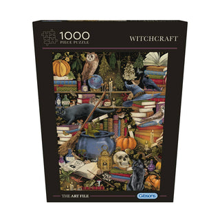 The Art File: Witchcraft 1,000 Piece Jigsaw Puzzle by Gibsons Games features illustrated books, potions, pumpkins, candles, owls, ravens & magical objects on the box.