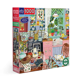 The eeBoo Strawberry Kitchen | 1,000 Piece Jigsaw Puzzle features a vibrant illustrated kitchen scene with strawberries, flowers, cookware, and a cat—a charming choice for puzzle lovers.