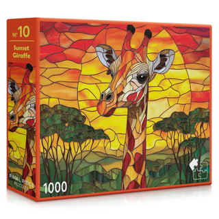 The Sunset Giraffe 1,000 Piece Jigsaw Puzzle by Final Piece Puzzles features stained glass-style art of a giraffe with trees and a sunset.