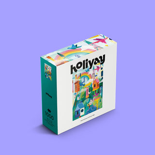 A Birdsong Valley 1,000-piece jigsaw puzzle featuring an illustration of a colorful, whimsical village with birds and a rainbow.