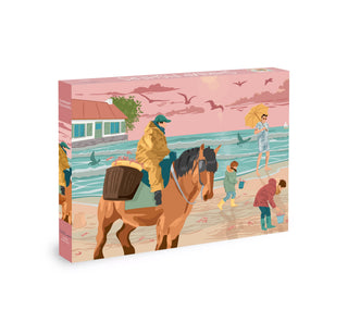 Olleo Puzzles' "Shrimp Fishers" 1,000-piece jigsaw puzzle features an illustrated scene of people and a horse shrimp fishing on a Belgian beach with waves, birds, seashells, and a house beneath a pink sky.