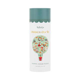 The Partridge in A Pear Tree | 400 Piece Jigsaw Puzzle by My Mind’s Eye comes in a cylindrical box and features a festive pear tree illustration inspired by the classic “Twelve Days of Christmas.” This shaped chipboard puzzle includes 400 pieces.