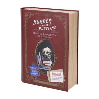 Murder Most Puzzling: Death of A Collector by Chronicle Books is a 500-piece jigsaw puzzle disguised as a book, featuring skull and book art—ideal for whodunit fans.