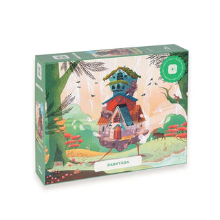 Heol Editions’ Baba Yaga | 1,000 Piece Jigsaw Puzzle features a whimsical illustrated house with chicken legs in a colorful forest setting.