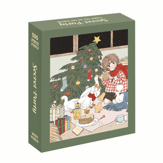 Enjoy festive fun with WEVE’s Secret Party, a 500 piece jigsaw puzzle featuring a charming scene of a child and ducks having snacks by the Christmas tree—perfect for your holiday celebrations.
