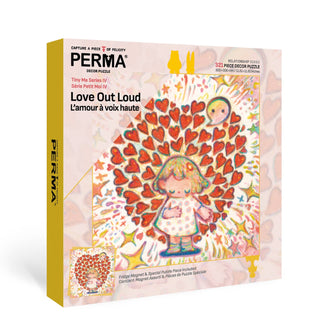 The PERMA Puzzle Love Out Loud | 321 Piece Jigsaw Puzzle features a child amid red hearts, bilingual English/French text, and is made from quality Dutch blue-core chipboard.
