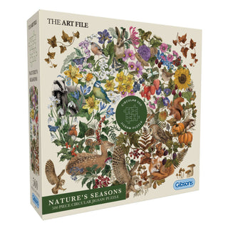 The Art File: Nature's Seasons is a 500 piece circular jigsaw puzzle by Gibsons Games, featuring animals, birds, and flowers in a circle. Made from recycled cardboard for an eco-friendly experience.