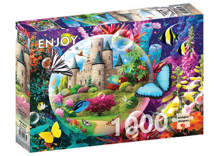 The ENJOY "Where Dreams Come True" 1,000 piece jigsaw puzzle features a fantasy castle, butterflies, and colorful plants, vividly depicted with high-resolution printing for stunning, detailed imagery.