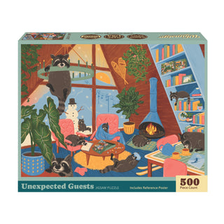 Unexpected Guests 500 Piece Jigsaw Puzzle by Whimsigo featuring raccoons in a cozy cabin with a fireplace and snowy mountain view.