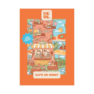 Illustration of a lively multi-story café with animals and people, labeled Café de Bobby, on an orange background. Featured on Heol Editions’ Café de Bobby | 99 Piece Jigsaw Puzzle, made in France.
