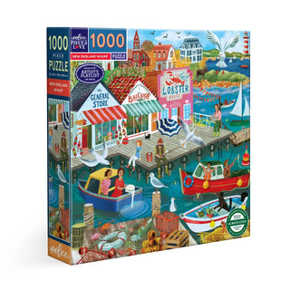 The eeBoo New England Wharf 1,000 Piece Jigsaw Puzzle features a vibrant illustrated harbor scene with boats, people, shops, seagulls, and a lighthouse—an eco-friendly puzzle perfect for all ages.