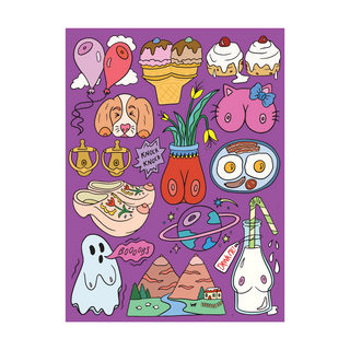 The Boobs | DAMAGED BOX| 500 Piece Jigsaw Puzzle by FUN CLUB features vibrant, cartoon doodles inspired by Cat Lobo—a dog, cat, cupcakes, flowers, and more on a purple background—perfect for puzzle lovers.