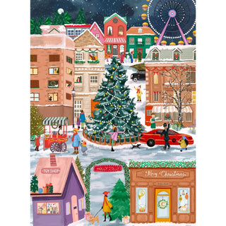 Enjoy a cozy night in with Puzzlefolk’s "Tis the Season"—a 500 piece jigsaw puzzle featuring a festive town square at Christmas, complete with shops, people, a Ferris wheel, falling snow, and a sparkling tree.