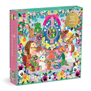 Mudpuppy’s Egg-cellent Day 500 Piece Jigsaw Puzzle features illustrated animals enjoying Easter with eggs, flowers, and treats at a festive table—perfect for family fun or as an engaging Easter activity.