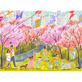 Enjoy spring’s beauty with Puzzlefolk’s "Springtime in the City" 1,000 piece jigsaw puzzle, illustrated by Emma Block—featuring kite flyers, dog walkers, pink blossoms, and city buildings in a lively park scene.
