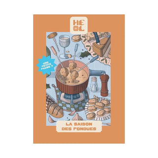 La Saison Des Fondues | 99 Piece Jigsaw Puzzle by Heol Editions features a Savoyard fondue pot, forks, bread, cheese, wine, and pepper mill with French text. A charming mini puzzle made in France.