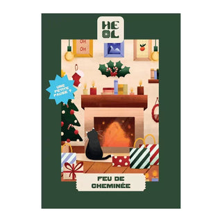 Cozy room illustration with a black cat by the fireplace, Christmas tree, gifts, and festive decor. Feu De Cheminée | 99 Piece Jigsaw Puzzle by Heol Editions—perfect for holiday fun!.