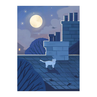 A white cat strolls across a rooftop at night under a full moon, surrounded by chimneys, bare trees, and birds—the perfect scene captured in Trevell’s Rooftop | 99 Piece Jigsaw Puzzle.