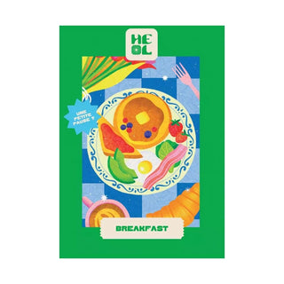 Enjoy a colorful breakfast scene with pancakes, fruit, bacon, and eggs on the Breakfast | 99 Piece Jigsaw Puzzle by Heol Editions—a charming mini jigsaw made in France!.