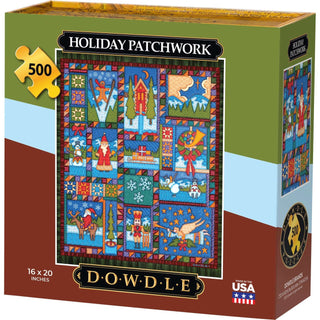 The Dowdle Holiday Patchwork | 500 Piece Jigsaw Puzzle features colorful, folk-art patchwork illustrations—a festive choice for fans of Christmas quilt-style puzzles.