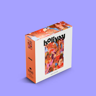 Box of a 1,000-piece jigsaw puzzle titled "Collective High" by Holiyay Puzzles, featuring colorful illustrations of diverse people on the cover set against a solid light purple background. Created in collaboration with artist Mélanie Vilette, this adult puzzle offers both challenge and vibrant artistry for puzzle enthusiasts.