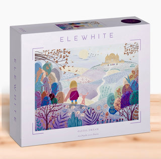 Pastel Dream | 1,000 Piece Jigsaw Puzzle by Elewhite features an illustrated landscape with a person and animal overlooking colorful hills and a palace, printed with plant-based ink on premium puzzle board.