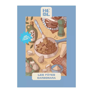 Discover Les Pâtes Carbonara | 99 Piece Jigsaw Puzzle by Heol Editions—featuring a vibrant bowl of carbonara surrounded by eggs, cheese, pepper, and salt, with a blue border—perfect for pasta enthusiasts!.