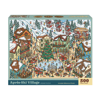Whimsigo Après-Ski Village 500-piece jigsaw puzzle box showing an illustrated snowy village with an ice skating rink, a Christmas tree, shops, and red ski lift gondolas.