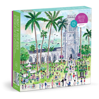 Enjoy the Michael Storrings Sunday in Palm Beach 500 piece jigsaw puzzle from Galison, featuring an illustrated scene of people before a grand church with palm trees and the ocean in the background.